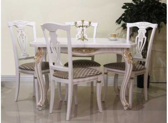 Стол кухонный Граф плюс из массива бука, белый патина золото