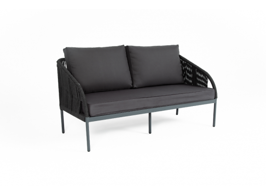 "Канны" диван 2-местный плетеный из роупа, каркас алюминий темно-серый (RAL7024) шагрень, роуп темно-серый круглый, ткань темно-серая в Каменске-Уральском