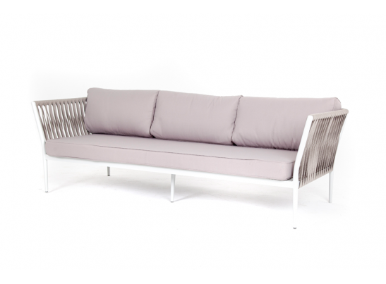 "Касабланка" диван 3-местный плетеный из роупа, каркас алюминий белый, роуп бежевый 20мм, ткань бежевая в Каменске-Уральском