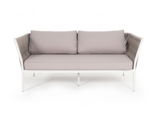 "Касабланка" диван 2-местный плетеный из роупа, каркас алюминий светло-серый (RAL7035) шагрень, роуп серо-коричневый 23мм, ткань бежевая инт? в Каменске-Уральском