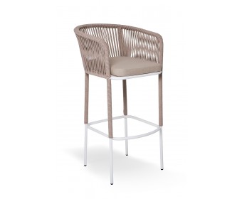 "Марсель" стул барный плетеный из роупа, каркас из стали белый муар, роуп бежевый круглый, ткань бежевая 15052