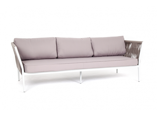 "Касабланка" диван 3-местный плетеный из роупа, каркас алюминий белый, роуп бежевый 20мм, ткань бежевая в Каменске-Уральском