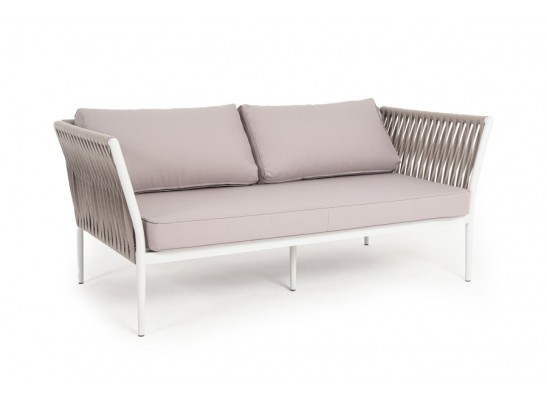 "Касабланка" диван 2-местный плетеный из роупа, каркас алюминий светло-серый (RAL7035) шагрень, роуп серо-коричневый 23мм, ткань бежевая инт? в Каменске-Уральском