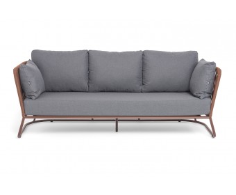"Багамы" диван 3-местный плетеный из роупа, каркас алюминий бежево-серый (RAL7006) муар, роуп серо-коричневый 23мм, ткань светло-серая