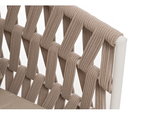 "Диего" диван 2-местный плетеный из роупа, каркас алюминий белый муар, роуп бежевый круглый, ткань бежевая 035 в Каменске-Уральском