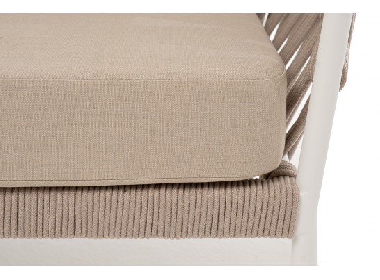 "Диего" диван 2-местный плетеный из роупа, каркас алюминий белый муар, роуп бежевый круглый, ткань бежевая 035 в Каменске-Уральском