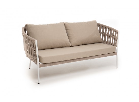 "Диего" диван 2-местный плетеный из роупа, каркас алюминий белый муар, роуп бежевый круглый, ткань бежевая 052 в Каменске-Уральском