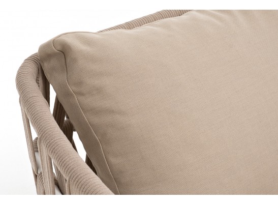 "Диего" диван 2-местный плетеный из роупа, каркас алюминий белый муар, роуп бежевый круглый, ткань бежевая 052 в Каменске-Уральском