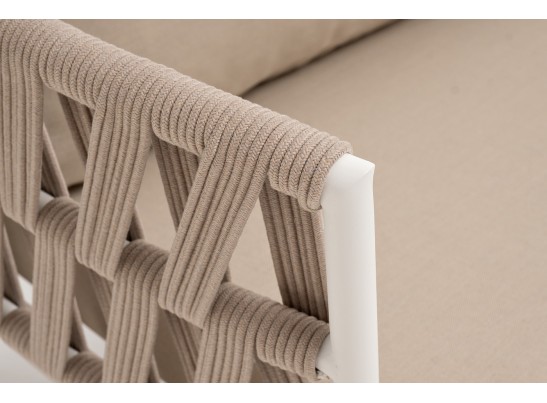 "Диего" диван 2-местный плетеный из роупа, каркас алюминий белый муар, роуп бежевый круглый, ткань бежевая 052 в Каменске-Уральском