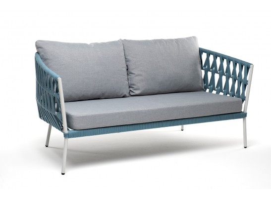 "Диего" диван 2-местный плетеный из роупа, каркас алюминий светло-серый (RAL7035) муар, роуп бирюзовый круглый, ткань светло-серая в Каменске-Уральском