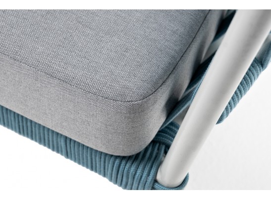 "Диего" диван 2-местный плетеный из роупа, каркас алюминий светло-серый (RAL7035) муар, роуп бирюзовый круглый, ткань светло-серая в Каменске-Уральском