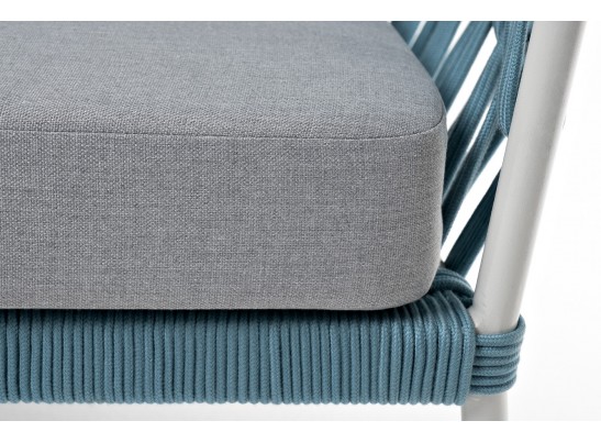 "Диего" диван 2-местный плетеный из роупа, каркас алюминий светло-серый (RAL7035) муар, роуп бирюзовый круглый, ткань светло-серая в Каменске-Уральском