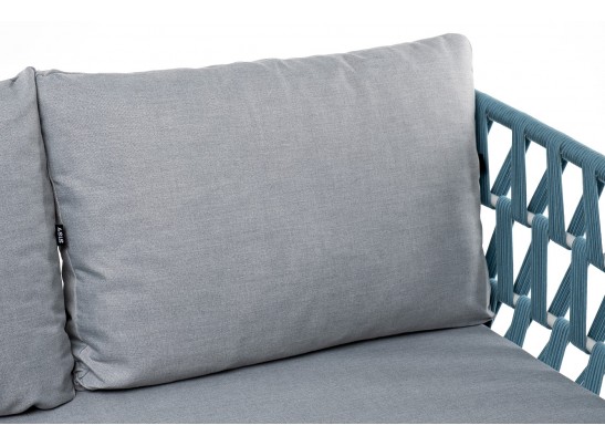 "Диего" диван 2-местный плетеный из роупа, каркас алюминий светло-серый (RAL7035) муар, роуп бирюзовый круглый, ткань светло-серая в Каменске-Уральском