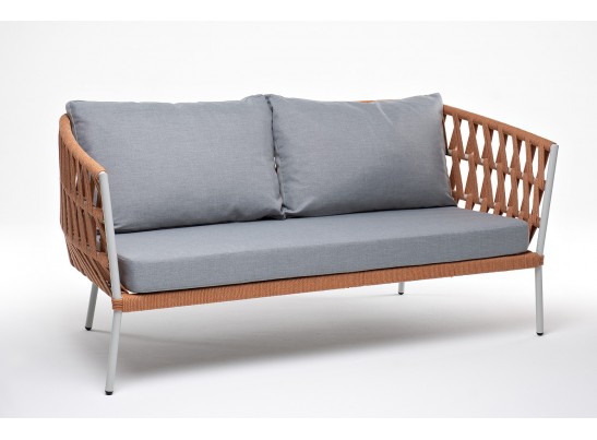 "Диего" диван 2-местный плетеный из роупа, каркас алюминий светло-серый (RAL7035) муар, роуп оранжевый меланж круглый, ткань светло-серая в Каменске-Уральском