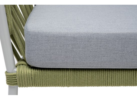 "Диего" диван 2-местный плетеный из роупа, каркас алюминий светло-серый (RAL7035) муар, роуп салатовый меланж круглый, ткань светло-серая в Каменске-Уральском