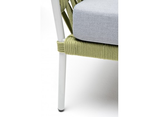 "Диего" диван 2-местный плетеный из роупа, каркас алюминий светло-серый (RAL7035) муар, роуп салатовый меланж круглый, ткань светло-серая в Каменске-Уральском