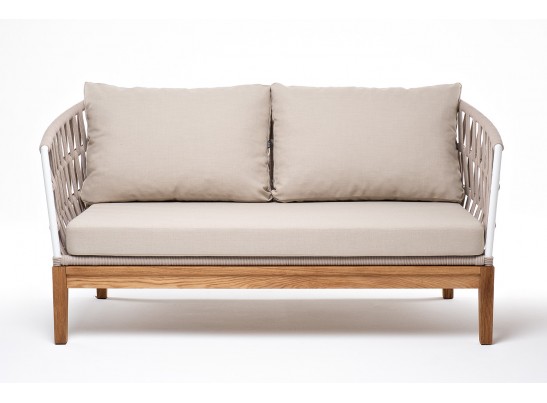 "Диего" диван 2-местный плетеный из роупа, основание дуб, каркас алюминий светло-серый (RAL7035) муар, роуп бежевый круглый, ткань бежевая 052 в Каменске-Уральском