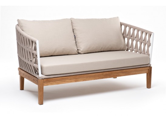 "Диего" диван 2-местный плетеный из роупа, основание дуб, каркас алюминий светло-серый (RAL7035) муар, роуп бежевый круглый, ткань бежевая 052 в Каменске-Уральском