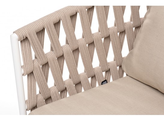"Диего" диван 2-местный плетеный из роупа, основание дуб, каркас алюминий светло-серый (RAL7035) муар, роуп бежевый круглый, ткань бежевая 052 в Каменске-Уральском