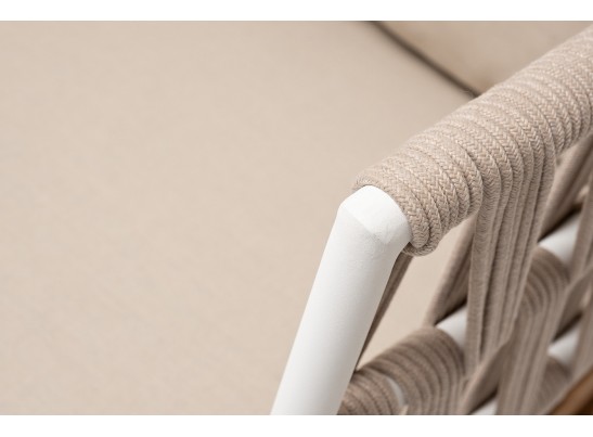 "Диего" диван 2-местный плетеный из роупа, основание дуб, каркас алюминий светло-серый (RAL7035) муар, роуп бежевый круглый, ткань бежевая 052 в Каменске-Уральском