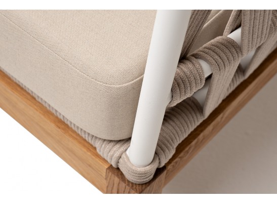"Диего" диван 2-местный плетеный из роупа, основание дуб, каркас алюминий светло-серый (RAL7035) муар, роуп бежевый круглый, ткань бежевая 052 в Каменске-Уральском