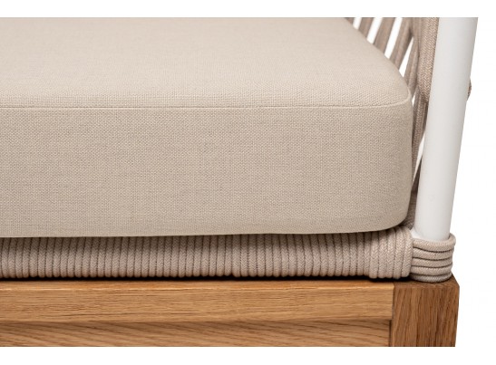 "Диего" диван 2-местный плетеный из роупа, основание дуб, каркас алюминий светло-серый (RAL7035) муар, роуп бежевый круглый, ткань бежевая 052 в Каменске-Уральском