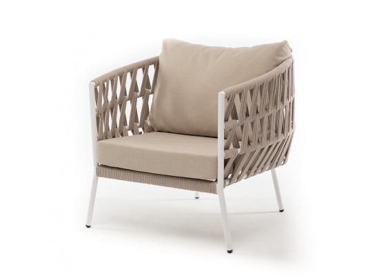 "Диего" кресло плетеное из роупа, каркас алюминий белый муар, роуп бежевый круглый, ткань бежевая 052 в Каменске-Уральском