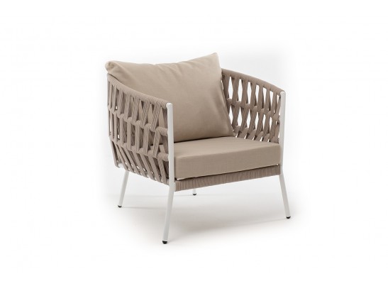 "Диего" кресло плетеное из роупа, каркас алюминий белый муар, роуп бежевый круглый, ткань бежевая 052 в Каменске-Уральском