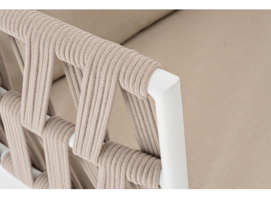 "Диего" кресло плетеное из роупа, каркас алюминий белый муар, роуп бежевый круглый, ткань бежевая 052 в Каменске-Уральском