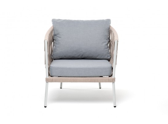 "Диего" кресло плетеное из роупа, каркас алюминий светло-серый (RAL7035) муар, роуп бежевый круглый, ткань светло-серая в Каменске-Уральском