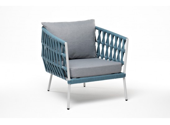 "Диего" кресло плетеное из роупа, каркас алюминий светло-серый (RAL7035) муар, роуп бирюзовый круглый, ткань светло-серая в Каменске-Уральском