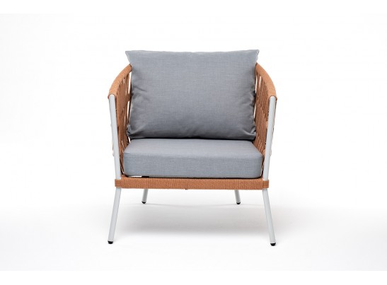 "Диего" кресло плетеное из роупа, каркас алюминий светло-серый (RAL7035) муар, роуп оранжевый меланж круглый, ткань светло-серая в Каменске-Уральском