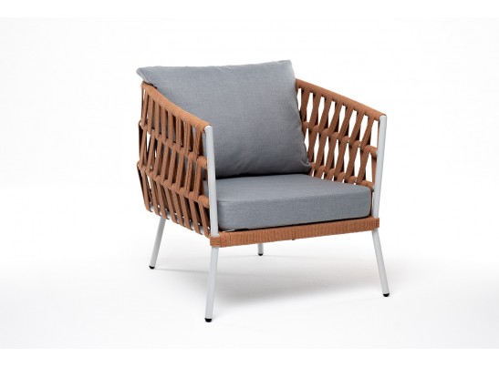 "Диего" кресло плетеное из роупа, каркас алюминий светло-серый (RAL7035) муар, роуп оранжевый меланж круглый, ткань светло-серая в Каменске-Уральском