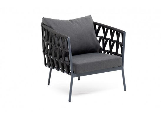 "Диего" кресло плетеное из роупа, каркас алюминий темно-серый (RAL7024) муар, роуп темно-серый круглый, ткань темно-серая 027 в Каменске-Уральском