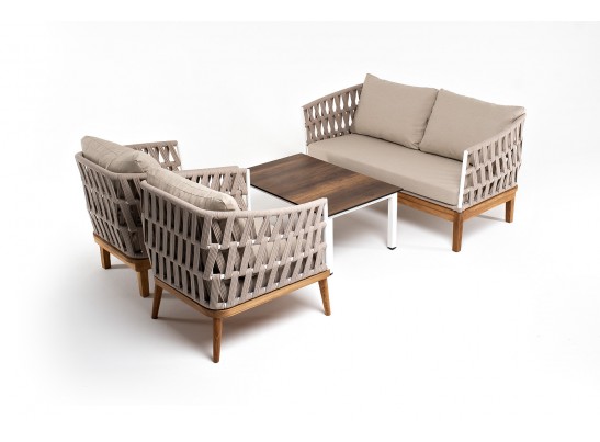 "Диего" лаунж-зона 4-местная плетеная из роупа со столиком "Канны" цвета "дуб", основание дуб, роуп бежевый в Каменске-Уральском