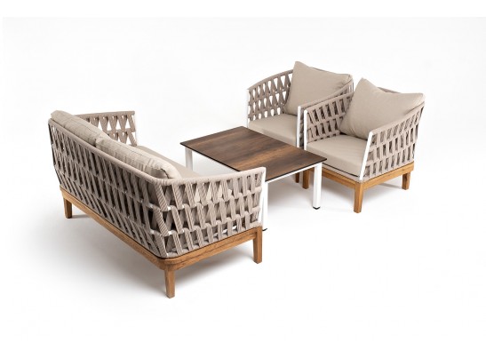 "Диего" лаунж-зона 4-местная плетеная из роупа со столиком "Канны" цвета "дуб", основание дуб, роуп бежевый в Каменске-Уральском