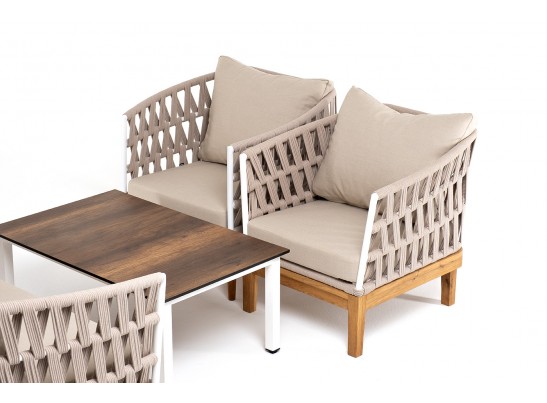 "Диего" лаунж-зона 4-местная плетеная из роупа со столиком "Канны" цвета "дуб", основание дуб, роуп бежевый в Каменске-Уральском