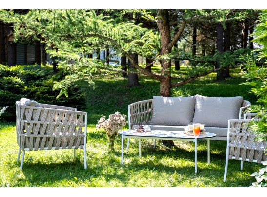 "Диего" лаунж-зона 4-местная плетеная из роупа (веревки), каркас алюминиевый белый, роуп бежевый в Каменске-Уральском