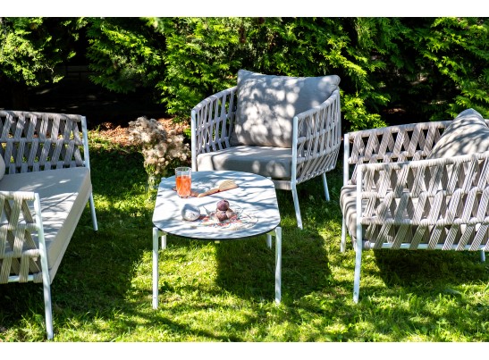 "Диего" лаунж-зона 4-местная плетеная из роупа (веревки), каркас алюминиевый белый, роуп бежевый в Каменске-Уральском