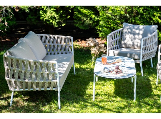 "Диего" лаунж-зона 4-местная плетеная из роупа (веревки), каркас алюминиевый белый, роуп бежевый в Каменске-Уральском