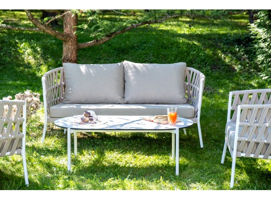 "Диего" лаунж-зона 4-местная плетеная из роупа (веревки), каркас алюминиевый белый, роуп бежевый в Каменске-Уральском