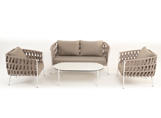 "Диего" лаунж-зона 4-местная плетеная из роупа (веревки), каркас алюминиевый белый, роуп бежевый в Каменске-Уральском