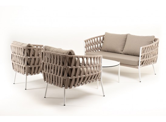 "Диего" лаунж-зона 4-местная плетеная из роупа (веревки), каркас алюминиевый белый, роуп бежевый в Каменске-Уральском