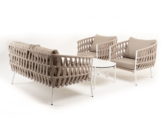 "Диего" лаунж-зона 4-местная плетеная из роупа (веревки), каркас алюминиевый белый, роуп бежевый в Каменске-Уральском
