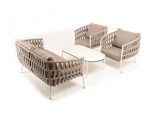 "Диего" лаунж-зона 4-местная плетеная из роупа (веревки), каркас алюминиевый белый, роуп бежевый в Каменске-Уральском