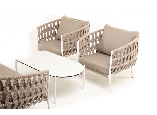 "Диего" лаунж-зона 4-местная плетеная из роупа (веревки), каркас алюминиевый белый, роуп бежевый в Каменске-Уральском