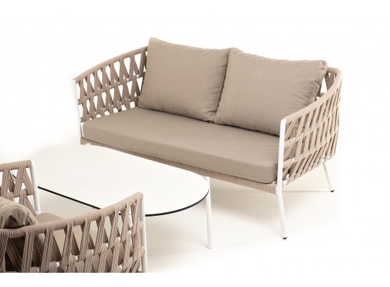 "Диего" лаунж-зона 4-местная плетеная из роупа (веревки), каркас алюминиевый белый, роуп бежевый в Каменске-Уральском