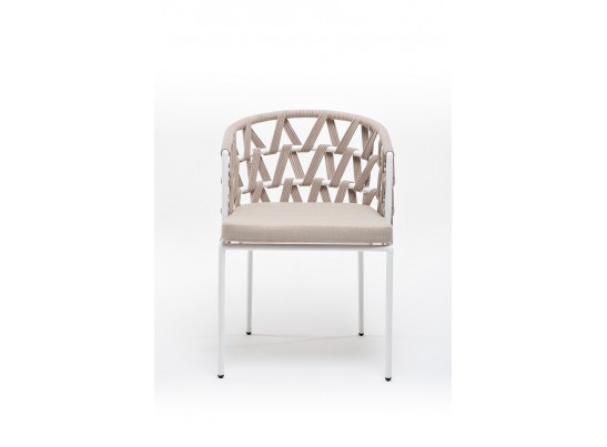 "Диего" стул плетеный из роупа, каркас из стали белый муар, роуп бежевый круглый, ткань бежевая 052 в Каменске-Уральском