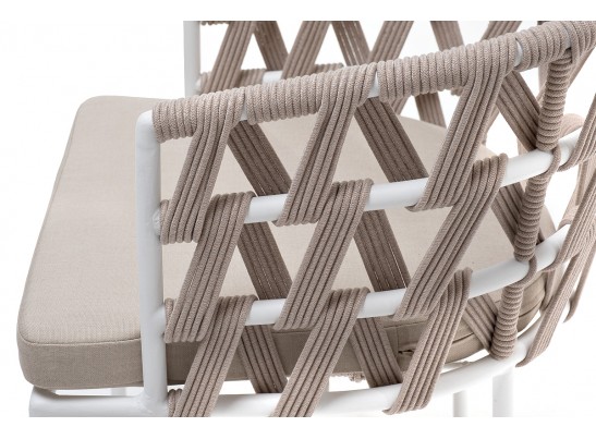 "Диего" стул плетеный из роупа, каркас из стали белый муар, роуп бежевый круглый, ткань бежевая 052 в Каменске-Уральском