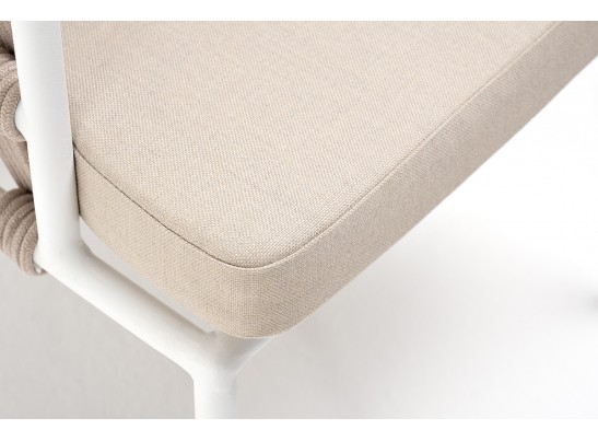 "Диего" стул плетеный из роупа, каркас из стали белый муар, роуп бежевый круглый, ткань бежевая 052 в Каменске-Уральском